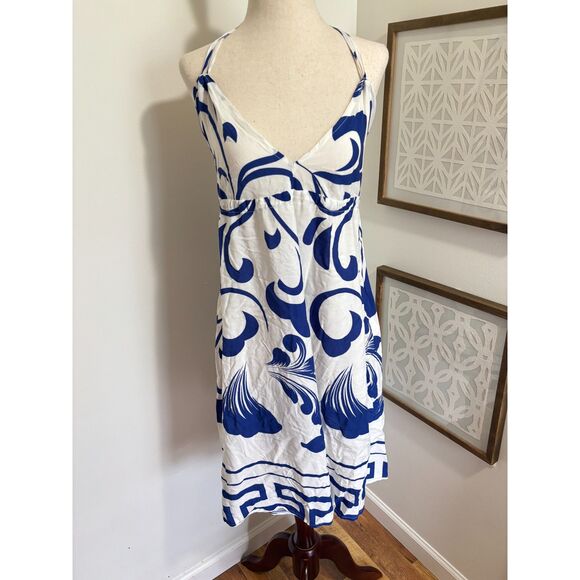 Elsta Dresses & Skirts - Vintage NWT Blue White Greek Key Sundress Rayon Strappy Midi Dress Small Resort